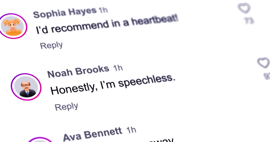Positive customer reviews, scrolling list of rapturous feedback messages, buyer testimonials on smartphone screen, customer experience comments, footage