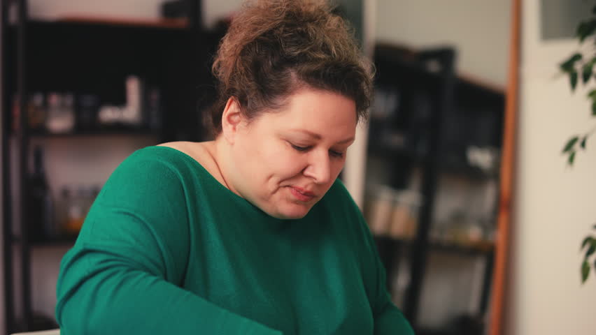 Overweight woman eating high-sugar dessert, insulin resistance and health risk
