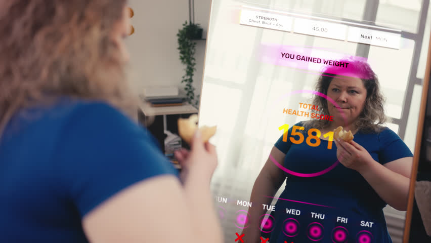 Sad overweight woman eating cake near smart mirror, watching live diet program