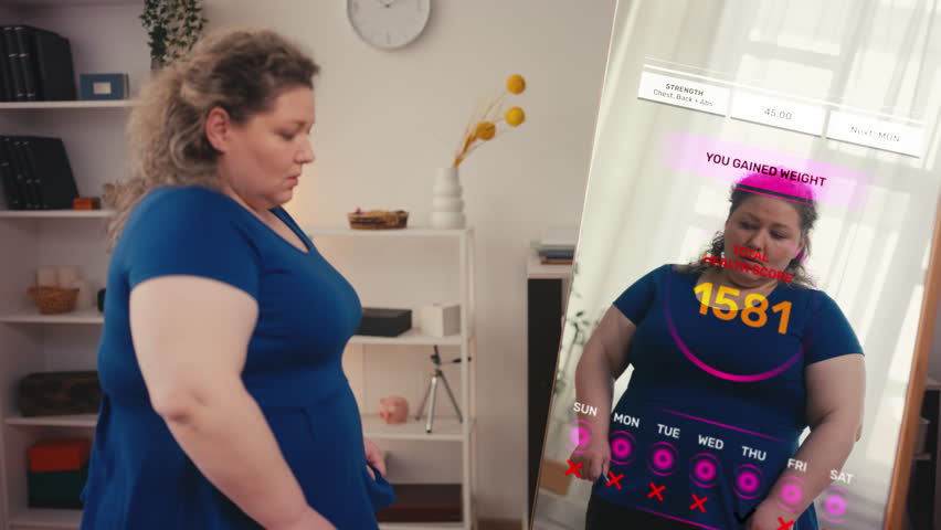 Upset overweight woman looking at holographic mirror with weight loss program - Powered by Shutterstock - Get 15% off with code: PIKWIZARD15
