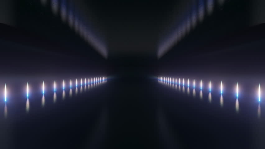 Endless corridor with neon lines tending up and moving forward a concrete corridor illuminated with blue neon lights. Futuristic abstract colorful background in bright neon blue colors. 3d animation