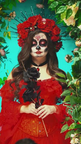 gothic beauty woman sugar skull make-up art paint white face, hand holding black rose flower. red crown on head. Girl Calavera, day of the dead. dark night garden arch. vertical video crop short reels