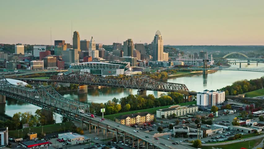 Aerial view of cincinnati skyline and bridges over the ohio river