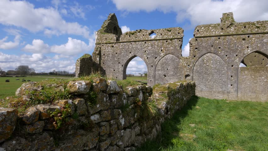 Ancient stone ruins of a medieval church stand on a grassy field in Ireland, with arched walls and weathered textures under a bright sky, evoking history and timeless beauty by the coast.