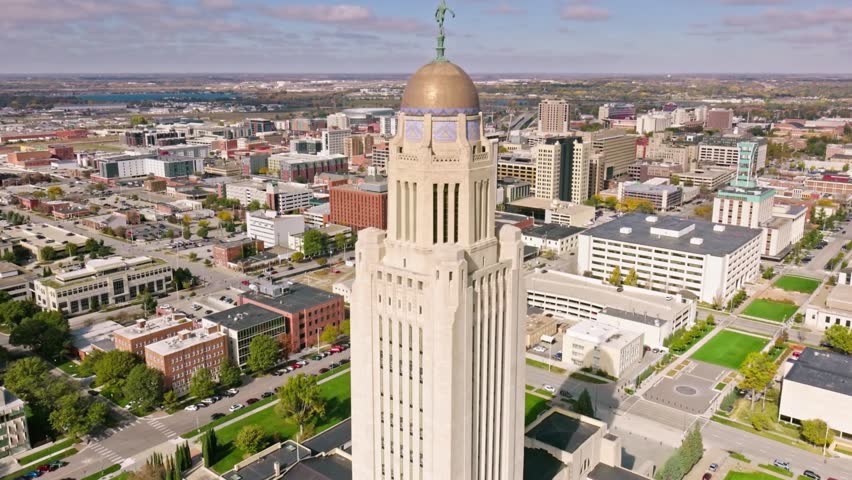 Aerial view of the nebraska state capitol building in lincoln, nebraska