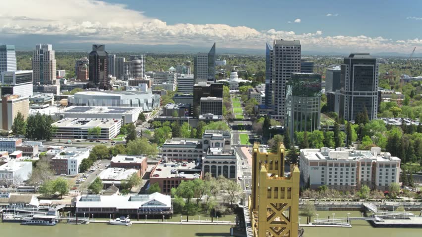Aerial view of sacramento, california with the tower bridge in foreground