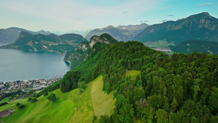 Aerial view of a lake and mountains in switzerland