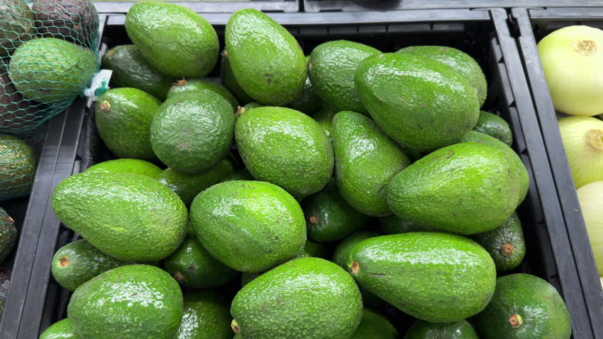 Smooth push over glossy green avocados stacked in a grocery bin.