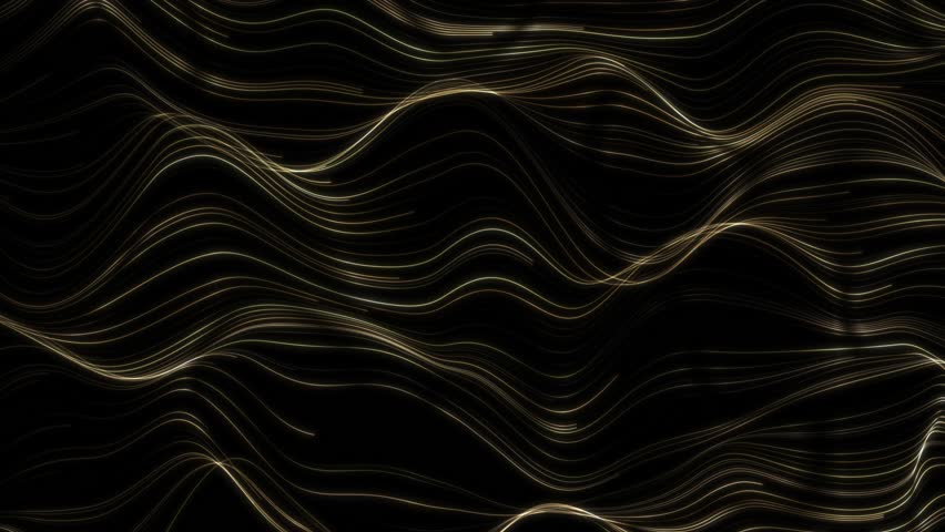 Abstract gold waves pattern, Seamless Loop. Wavy lines of yellow shiny copper wiring. Gold liquid moving background on deep dark background. Waveform Seamless Looped 4k 60fps. Gently flowing golden