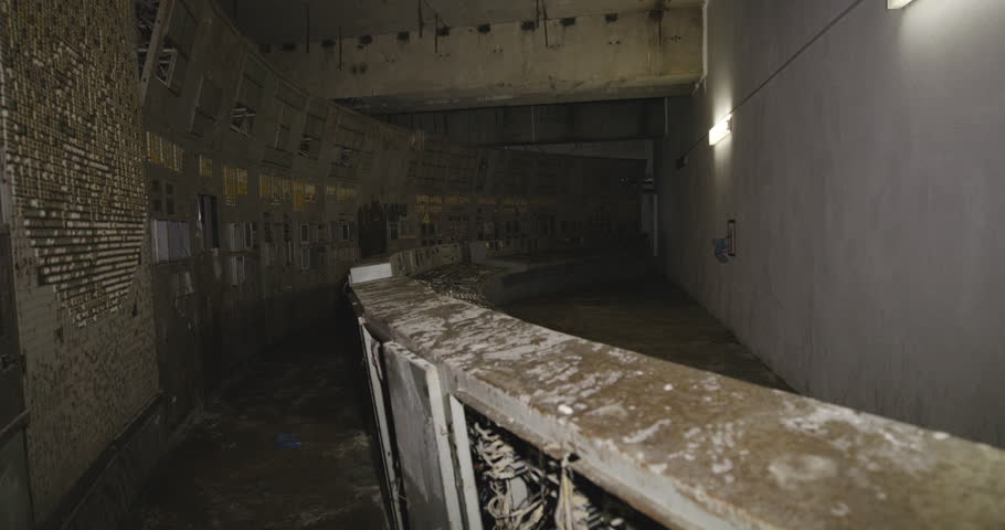 Inside The Infamous Control Room 4 At Chernobyl Nuclear Power Plant In Ukraine. Handheld Shot
