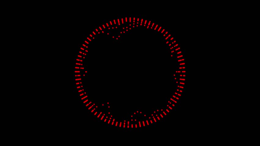 A circle formed by red dots animates with a glitch and particle effect on a black background. Futuristic loading screen or audio visualization concept. Seamless loop with central copy space