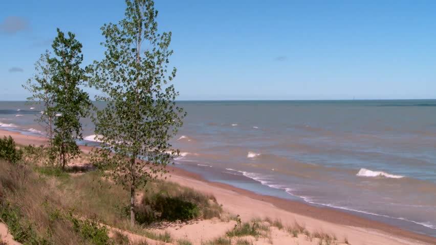 Trees On The Sand Dunes With A View Of Beach And Lake Michigan In Indiana Dunes National Park, USA. - wide shot