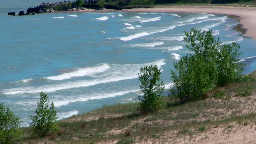 Waves hit the sandy beach bordered by green vegetation at Indiana Dunes, Lake Michigan, USA