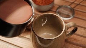 Making cocoa cacao hot chocolate with marshmallows. Man takes a spoon and mixing milk with cocoa powder.  - Powered by Shutterstock - Get 15% off with code: PIKWIZARD15