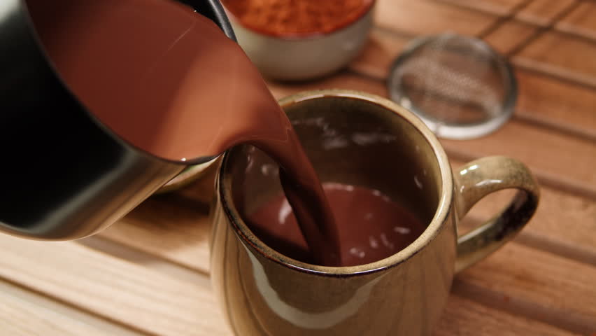 Making cocoa cacao hot chocolate with marshmallows. Man takes a spoon and mixing milk with cocoa powder. 