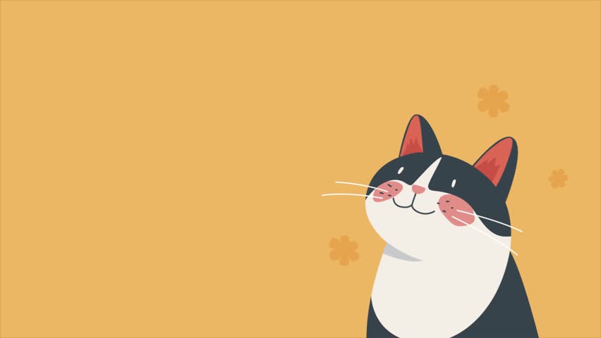 Cute animated illustration of a smiling cat with blush cheeks surrounded by flowers on a pastel orange background. Perfect for children’s content, cartoon animation, pet themed design, greeting cards