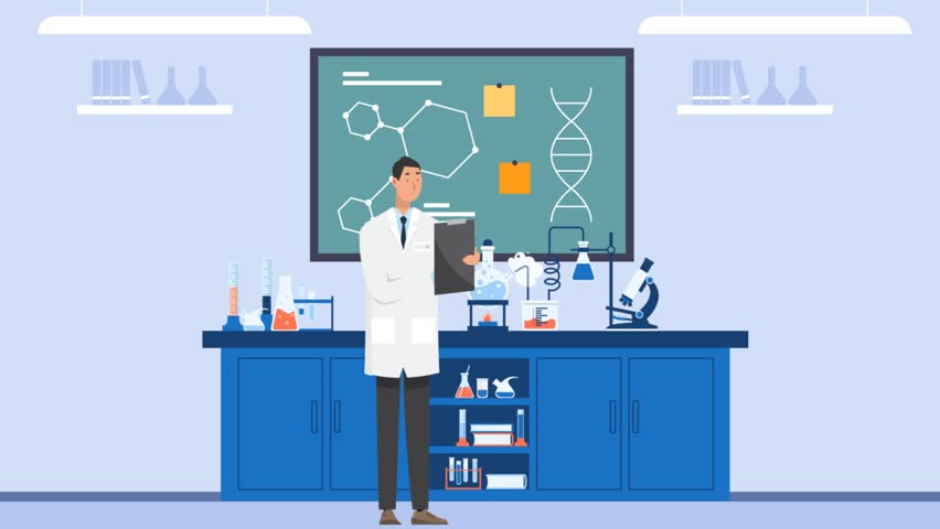 2D animation of a chemist working in a laboratory with lab equipment. Perfect for science, research, education, and medical projects. 4K smooth looping animation, professional and clean