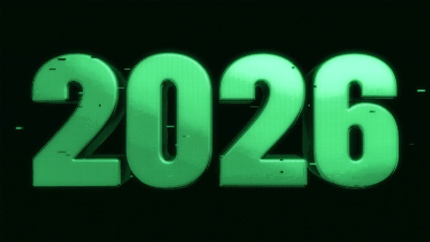 2026 logotype in retro-Futuristic pixelate Monitor synthwave style. Retro CCTV or VHS pixel Wireframe. Abstract digital background. 80s, 90s Retro futurism, Retro wave cyberpunk grid matrix style.