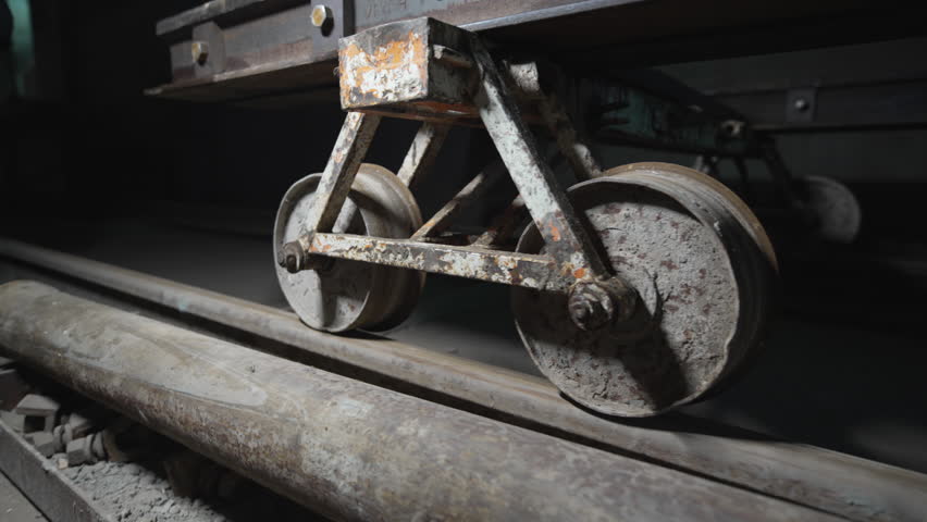 Steel wheels of construction rail cart shine faintly under dim light. Rough machinery symbolizes power of underground construction tools