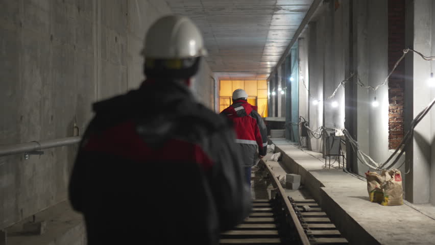 Workers in reflective jackets move slowly along rails. Men symbolize resilience and progress of metro construction. Construction process
