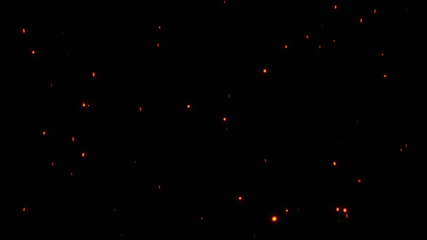 Bright burning fire particles slowly rising on a black night sky. Hot glowing fire sparks and fiery ember ashes flying with the wind. Heat of a bonfire, blaze, and wildfire. Fire background. 4k.