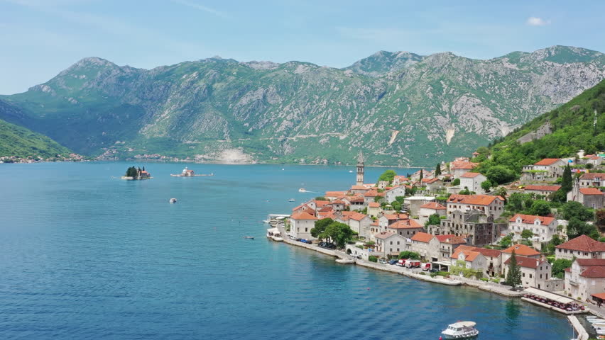Aerial view of old Perast town in the Bay of Kotor - Boka Bay, Montenegro, 4k