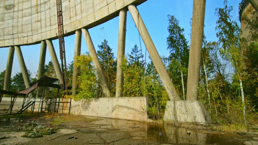 Footage capturing the interior of the abandoned and unfinished cooling tower intended for Reactor Unit 5 of the Chernobyl Nuclear Power Plant in the Chernobyl Exclusion Zone, Ukraine.