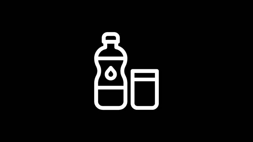 A minimalist icon depicts a water bottle and a glass, both outlined in white, set against a stark black backdrop.