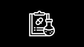 An icon depicting medical research, with a clipboard, pill, and laboratory flask, set against a stark black backdrop. - Powered by Shutterstock - Get 15% off with code: PIKWIZARD15