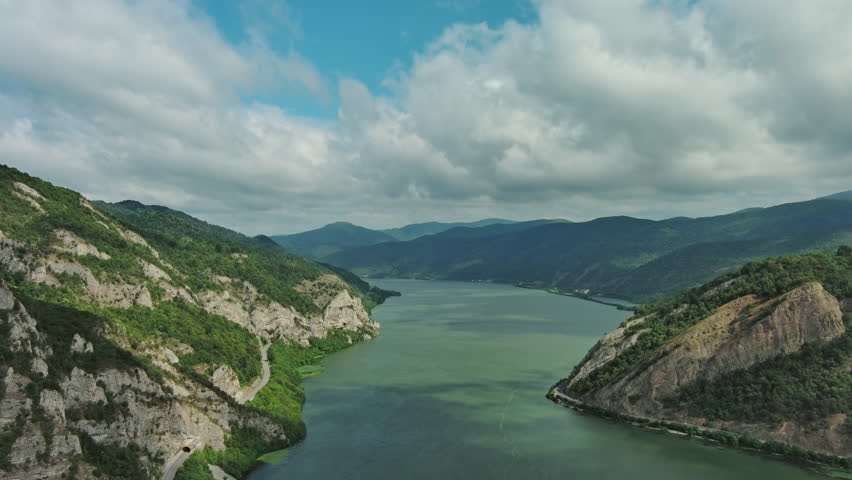 Aerial view on the Danube river and mountains in Djerdap National Park, Serbia Romania border, 4k