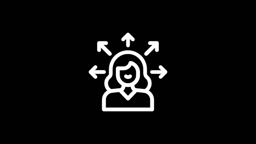 An illustration of a woman surrounded by arrows, representing options, decisions, and directions. The image conveys concepts of choice and opportunity.