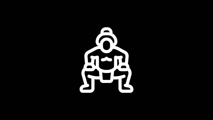 A white outline illustration of a sumo wrestler in a dynamic pose against a black background, ready to compete.