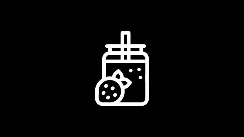 A white line art illustration of a strawberry smoothie in a jar with a straw and a strawberry on a black backdrop.