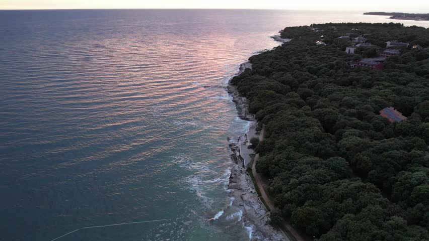 Aerial drone view of a rocky sunset beach coastline in Istria, Croatia, with crystal clear turquoise water, surf waves and lush green forest above the cliffs. Novigrad in the background.