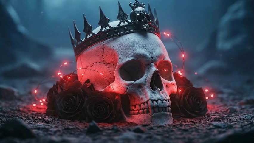 A skull wearing a crown, surrounded by dark roses and glowing lights - Powered by Shutterstock - Get 15% off with code: PIKWIZARD15
