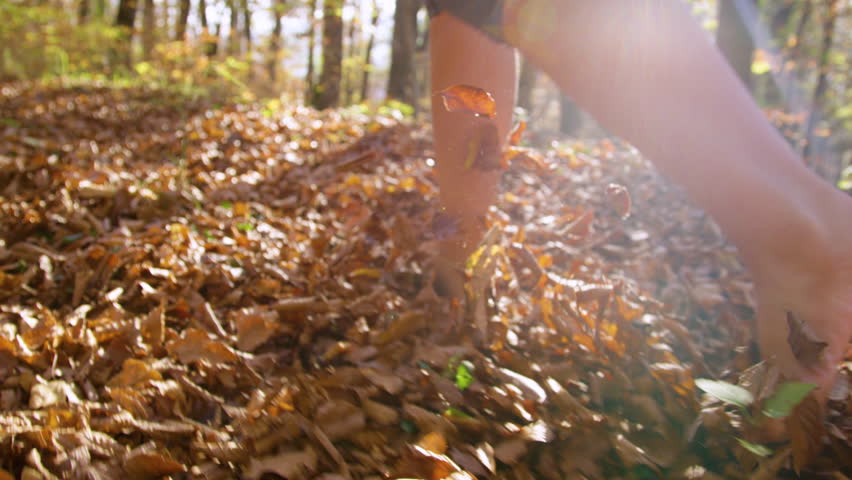LENS FLARE, SLOW MOTION, CLOSE UP, DOF: Bare feet running through golden autumn leaves that covered forest path. Warm sunlight highlights movement of flying golden leaves. Therapeutic walk in nature.