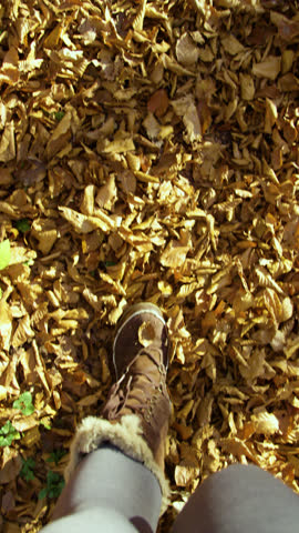 VERTICAL, POV, SLOW MOTION: Person in warm boots walks through a thick bed of autumn leaves on sunny forest path. Fallen leaves are illuminated by warm sunlight as they rustle across the forest floor.