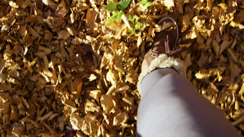 POV, SLOW MOTION: Walk in warm boots along a forest path covered in brown autumn leaves. Dry fallen foliage rustles and flies through the air during a relaxing walk in nature in colorful fall season.
