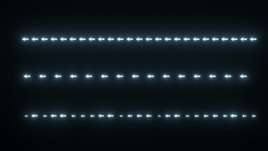 Three lines of glowing blue arrows moving left on black background