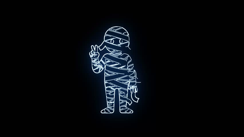 White Neon Glowing Line Art Animation of Mummy Character