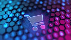 Seamless loop. Digital shopping cart icon on the futuristic technological background. Promotion for internet sales security and online shopping safe concept. 3d rendering 4K Resolution - Powered by Shutterstock - Get 15% off with code: PIKWIZARD15