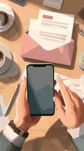 Man using smartphone at office desk with papers, coffee. Business communication and remote work concept with mobile cell phone. Hand hold use cellphone. Vertical illustration art.