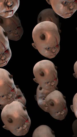 Seamless vertical video animation of a baby doll heads. Terror creepy monster character for Halloween background.