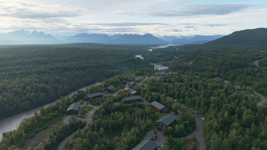 Aerial video of Trapper Creek Lodge, Alaska, USA. July 17, 2025