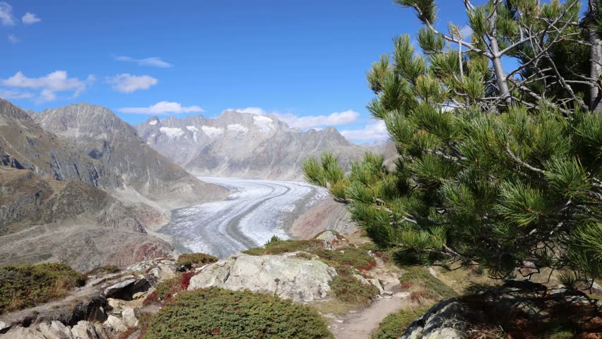 Glacier in Swiss mountains, Aletsch glacier timelapse establisher
