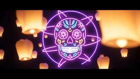Glowing neon skull with ornate design surrounded by floating lanterns against a dark background creating a festive atmosphere. - Powered by Shutterstock - Get 15% off with code: PIKWIZARD15