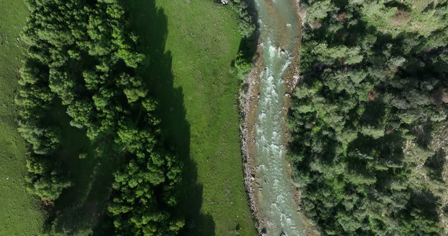 Aerial footage of beautiful high altitude river and forest grassland landscape in China