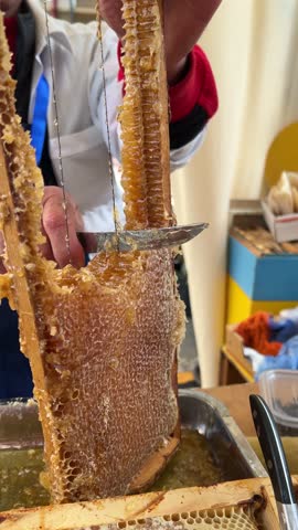 Vertical 4K video. Honey seller cuts chunk of juicy honeycomb at city holiday Tbilisoba, autumn harvest festival, New Year farm fair, Christmas market. Male hand. Concept of sale, sweet food