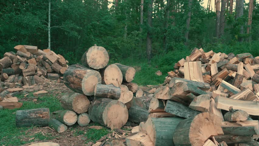 Firewood Logging Storage Area in Summer Forest | Cut Tree Logs and Chopped Wood Piles Ready for Transportation | Rural Timber Harvesting Operation
