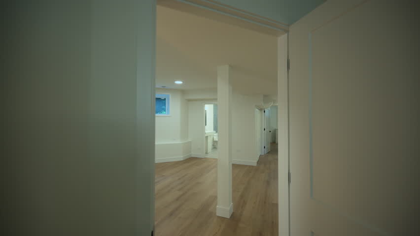 Renovated basement room with light wooden flooring, smooth white walls, and recessed ceiling lights creating a contemporary living space. Camera move in